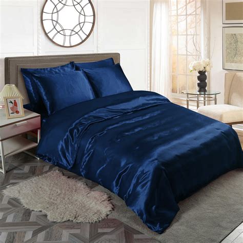 Navy Blue 6pc Satin Panel Double Bed Duvet Quilt Cover Set 5060543353235