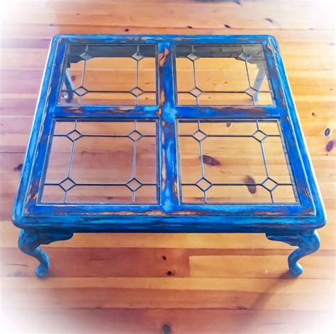 French Antique Coffee Table, leaded glass top coffee table, distressed, blue, shabby chic coffee ...