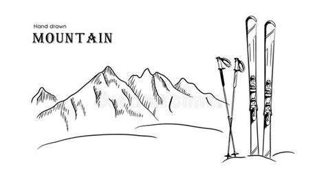 Hand drawn Mountain and ski graphic black white landscape vector ...