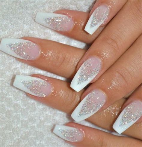 Acrylic white glitter nails for Christmas party. | White glitter nails ...