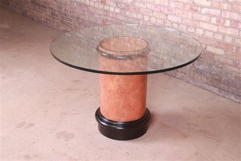Karl Springer Style Modern Burl Wood Glass Top Pedestal Dining or ...