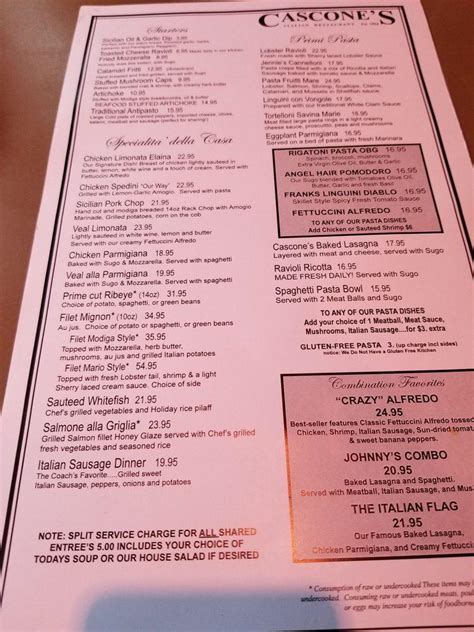 Menu at Cascone's restaurant, Kansas City, N Oak Trafficway