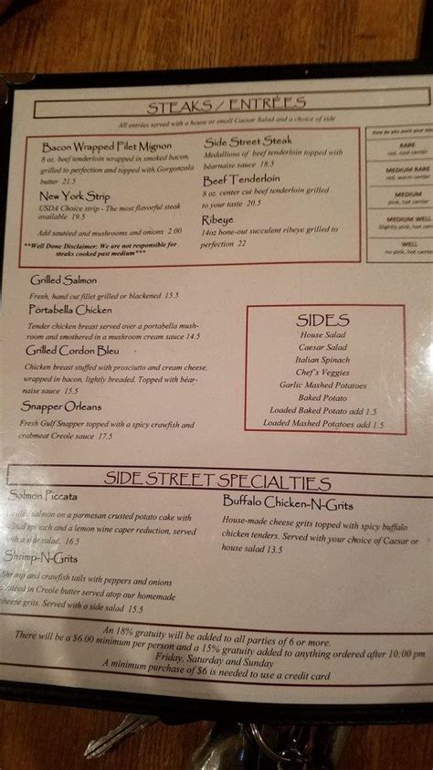 Menu at Side Street Grill pub & bar, Memphis