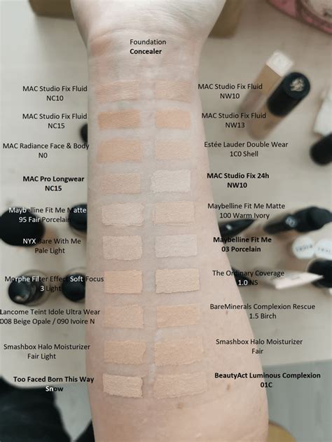 Foundation and concealer swatches (MAC, Estée Lauder, Maybelline, NYX, Morphe, Ordinary ...