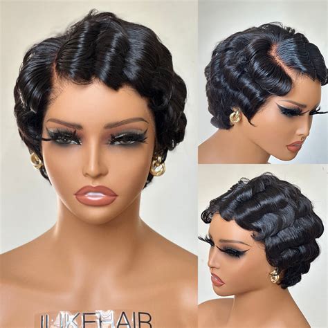 Short Pixie Cut Finger Wave Human Hair 13x4 Lace Front Wig