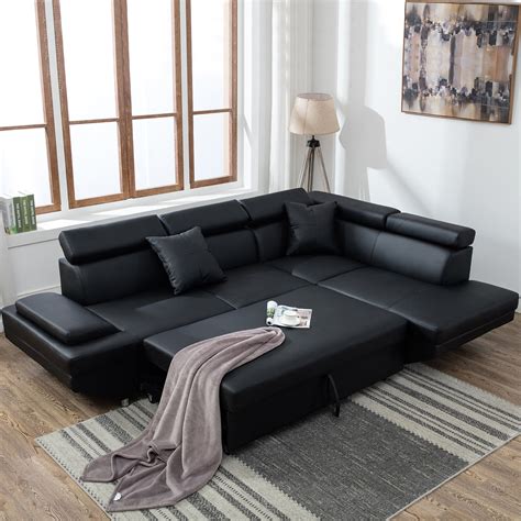 Contemporary Sectional Modern Sofa Bed - Black With Functional Armrest ...