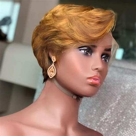 Pixie Cut 1- Colored Short Human Hair Wavy Wig 27 Bob Ombre Honey Blonde 13X4 Lace Front Wigs ...