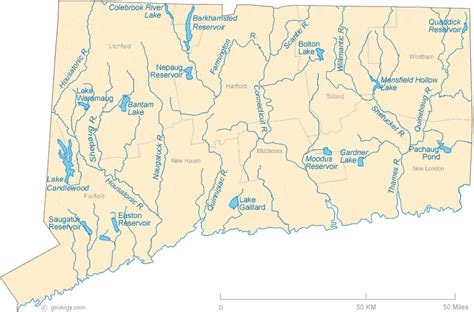 Map of Connecticut Lakes, Streams and Rivers