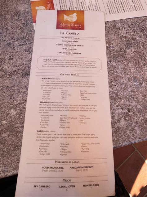 Menu at Paloma Blanca Mexican Cuisine restaurant, San Antonio