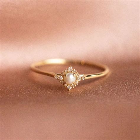 14K Solid Yellow Gold Diamond Pearl Ring Dainty Freshwater Pearl Ring Natural Pearl Ring With ...