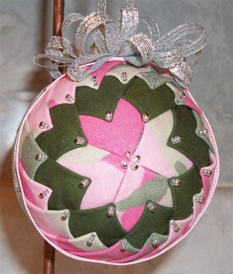 Camo for the girls! ~ Custom made fabric ornament Quilted Fabric Ornaments, Quilted Christmas ...
