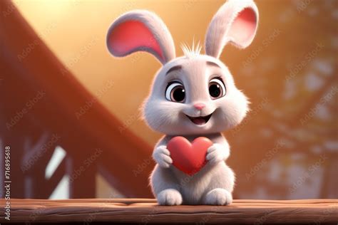 Cartoon bunny holding a red heart in his paws against a background of colorful nature landscape ...