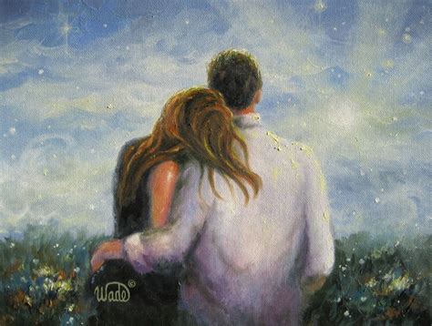 a painting of a man and woman embracing each other in front of a blue sky