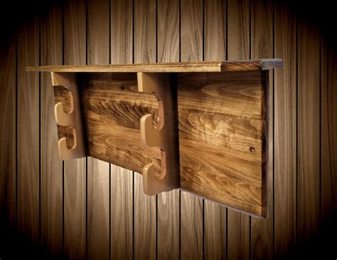 Sword Display Rack w/Shelf, Aspen Wood Wall Mount, Walnut Finish, Military Saber, Katana Samurai ...