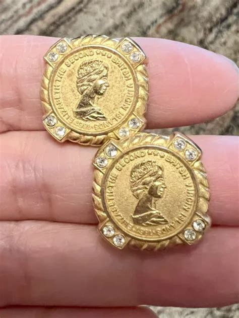 VTG QUEEN ELIZABETH II Regina Coin Earrings Gold Tone & Rhinestones 1981 BVI $24.95 - PicClick