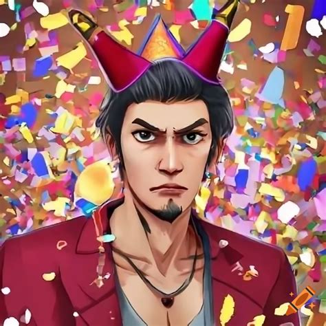 Kiryu kazuma celebrating with confetti