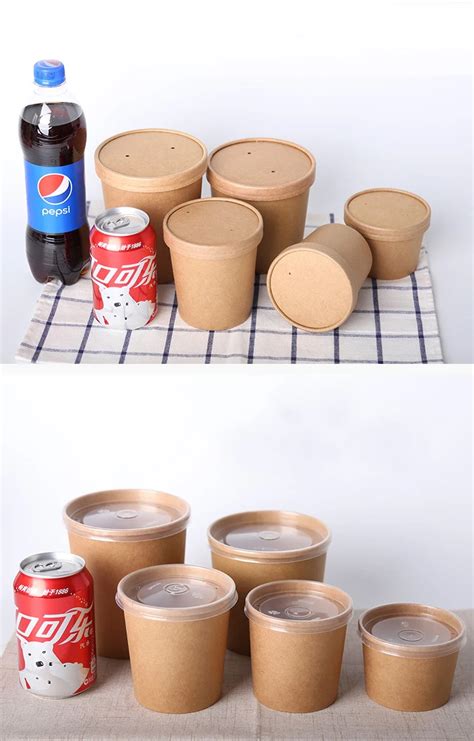 Disposable Degradable Kraft Paper Soup Cup Bowl With Lid For Ice Cream ...