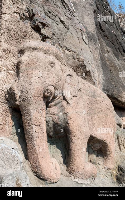 Elephant sculptures at the entrance to Cave 16 at Ajanta, Maharashtra ...