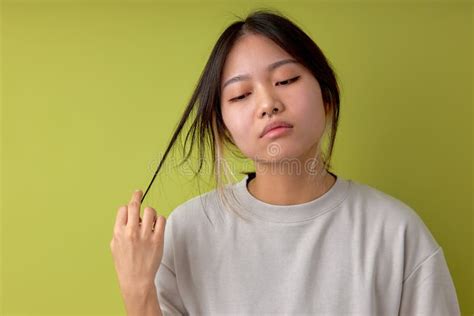 Portrait of Asian Sad Woman Touching Hair, Stand with Thoughtful Facial Expression Stock Photo ...