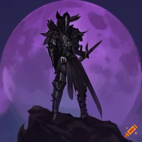 Anime knight standing on a cliff with a purple moon on Craiyon