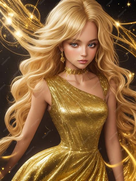 Premium AI Image | AI Generated fictional blond Girl in gold glittering dress on golden glitter ...