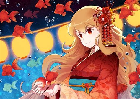 Goldfish Maiden, fish, lantern, sweet, anime, yukata, hot, anime girl ...