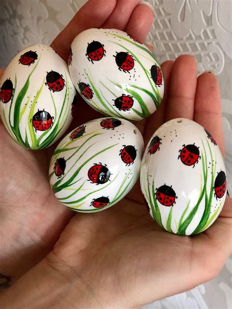 Set of 4 white Hand Decorated Painted Easter Egg with Ladybug | Etsy ...