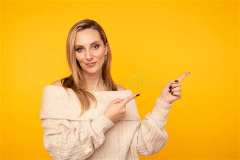 Young Attractive Woman Pointing By Fingers Isolated. Stock Photo ...