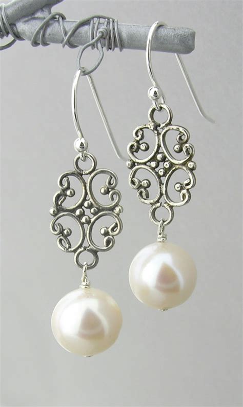 Filigree Pearl Drop Earrings - white freshwater pearl dangle drop sterling silver filigree ...