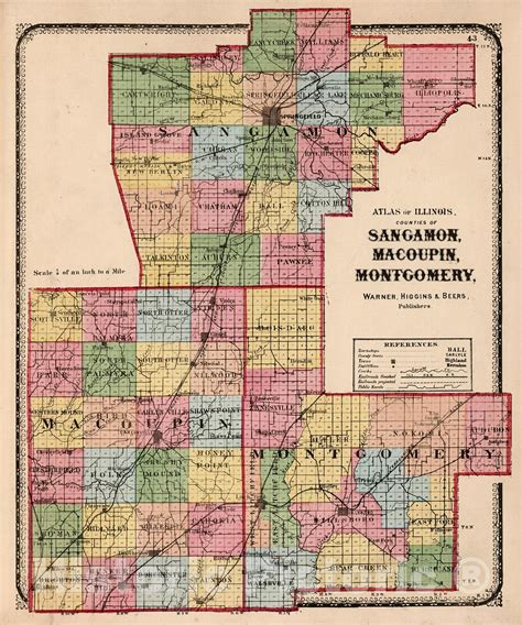 Historic Map : Counties of Sangamon, Macoupin, and Montgomery, 1871, Vintage Wall Decor ...