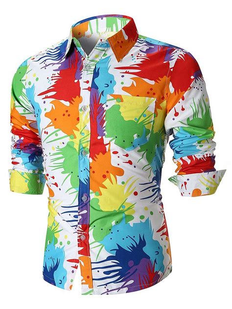 White Xl Colorful Paint Splatter Long Sleeve Shirt | RoseGal.com