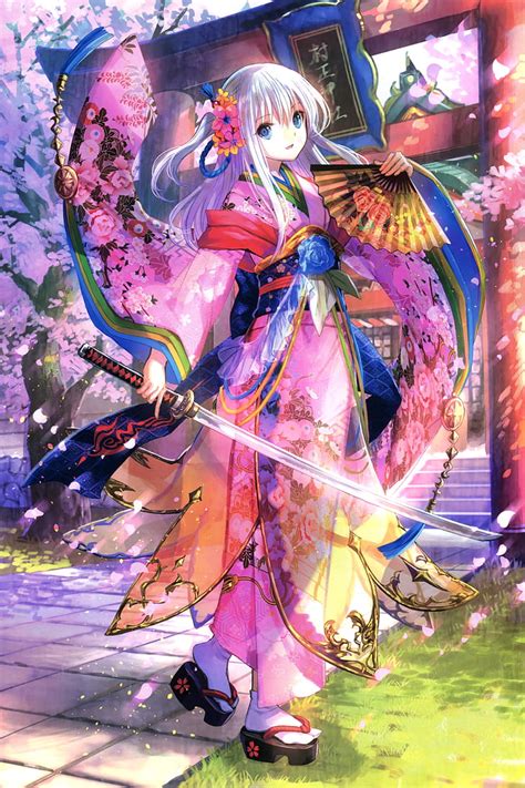 1366x768px | free download | HD wallpaper: anime girl, shrine, katana, sandals, sakura blossom ...