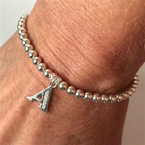 Sterling Silver Letter Charm Stretch Beaded Bracelet, UK Handmade Gift, Custom Sizes, Gift Boxed