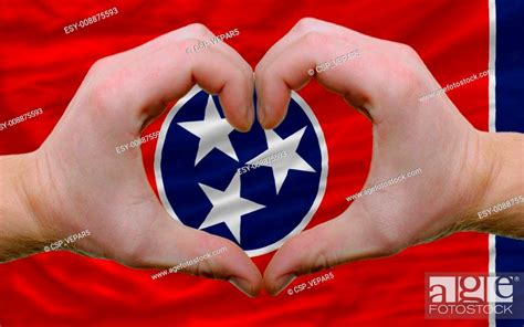 Gesture made by hands showing symbol of heart and love over us state flag of tennessee, Stock ...