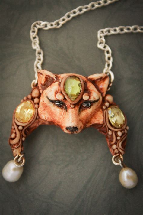 Art Nouveau jewelry animal pendant moon pendant Fox pendant pendant with natural stone animal ...