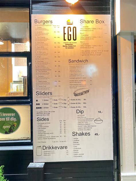 Menu at EGO BURGERS AND SLIDERS restaurant, Denmark