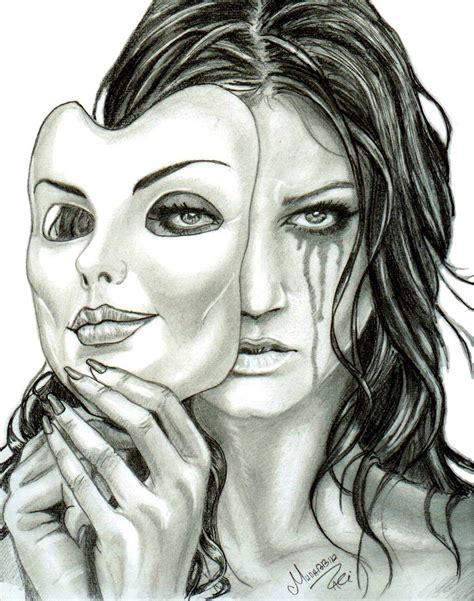 a drawing of two women with masks on their faces, one holding the other's face