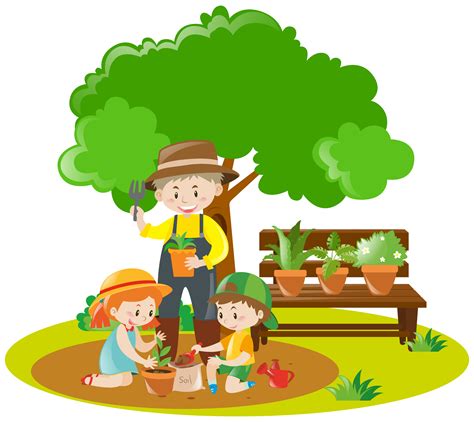 Kids and gardener planting in garden 369563 Vector Art at Vecteezy