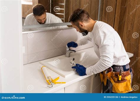 Plumber Service. Wash Basin Installation. Stock Photo - Image of basin, hand: 255225136