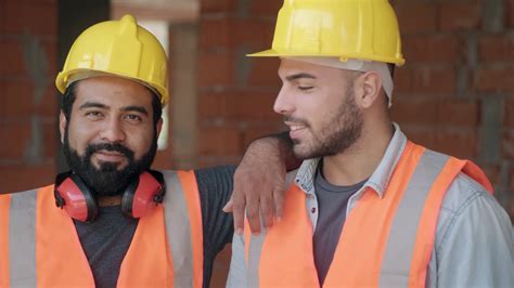 People working in construction site. Portrait of happy men at work in ...