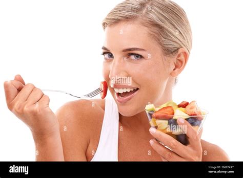 Diet, fruit and portrait of woman with salad, eating healthy and happy isolated on white ...