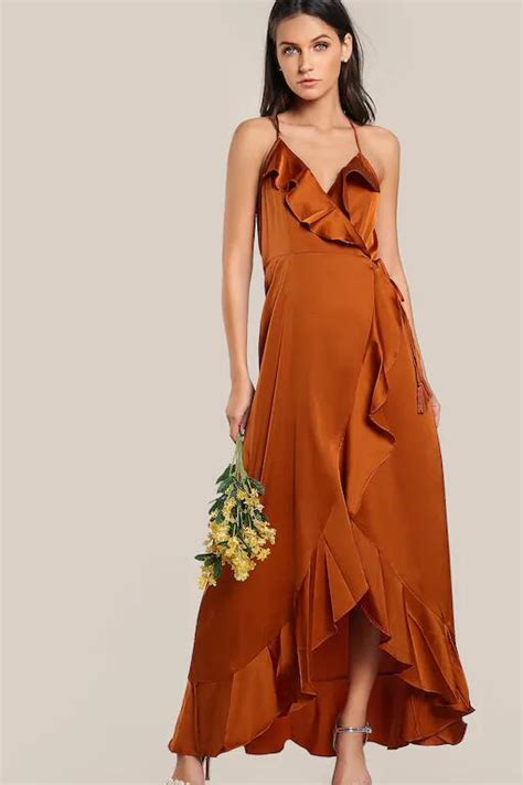 Halter Burnt Orange Long Prom Dress with Flounced Trim – loveangeldress