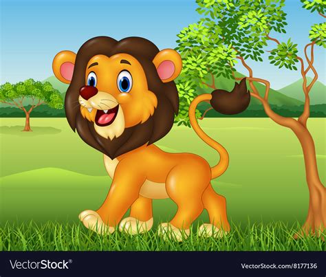 Cartoon funny lion walking in jungle background Vector Image