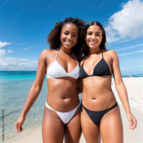 Two attractive girls in bikinis walking on the beach. Happy women ...