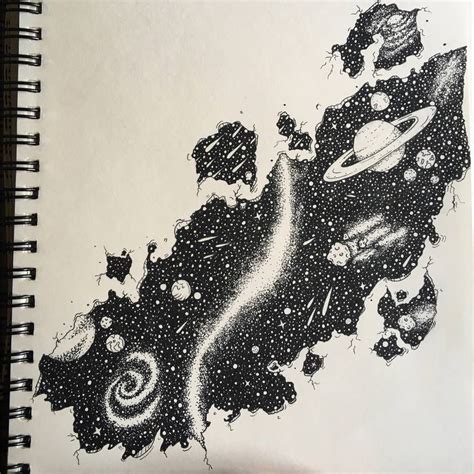 Space drawing - illustration - cosmos - fine liner - space doodle - black and white art ...