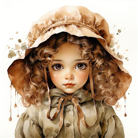 Premium AI Image | Watercolor Clipart Old fashioned Doll with Curly Hair and a Bonnet on white ...