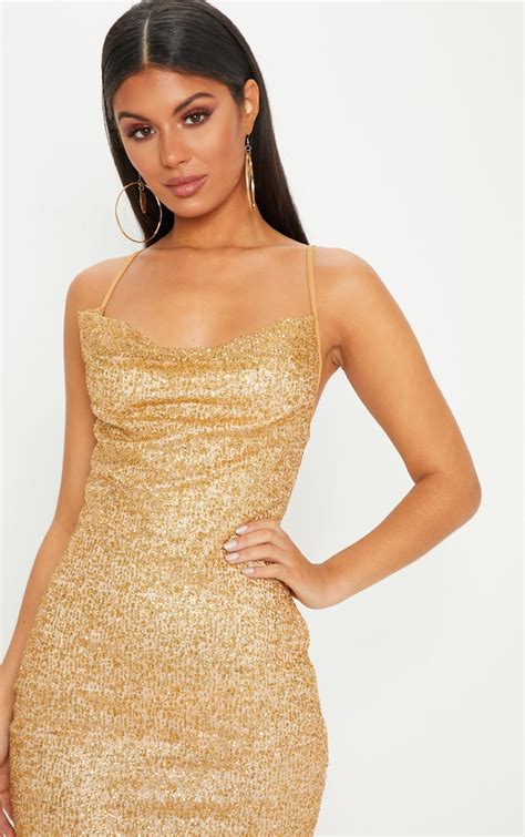 Gold Glitter Strappy Bodycon Dress | Dresses | PrettyLittleThing CA