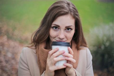 woman, camel jacket, scarf, holding, white, black, disposable, coffee ...
