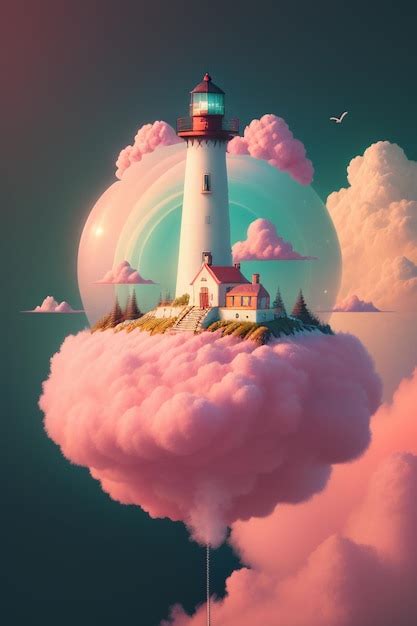 Premium Photo | Pink castle lighthouse building above the sky city clouds