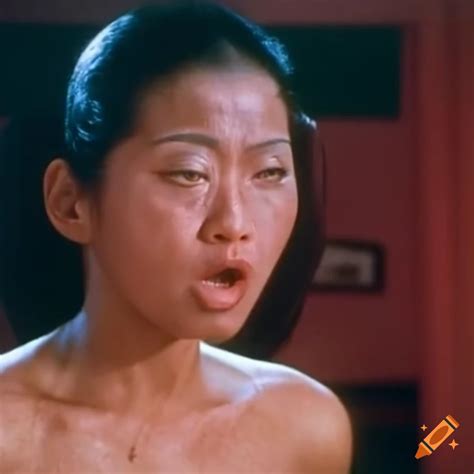 Asian woman fighter with wobbly head and dizzy expression in 80s movie screencap on Craiyon